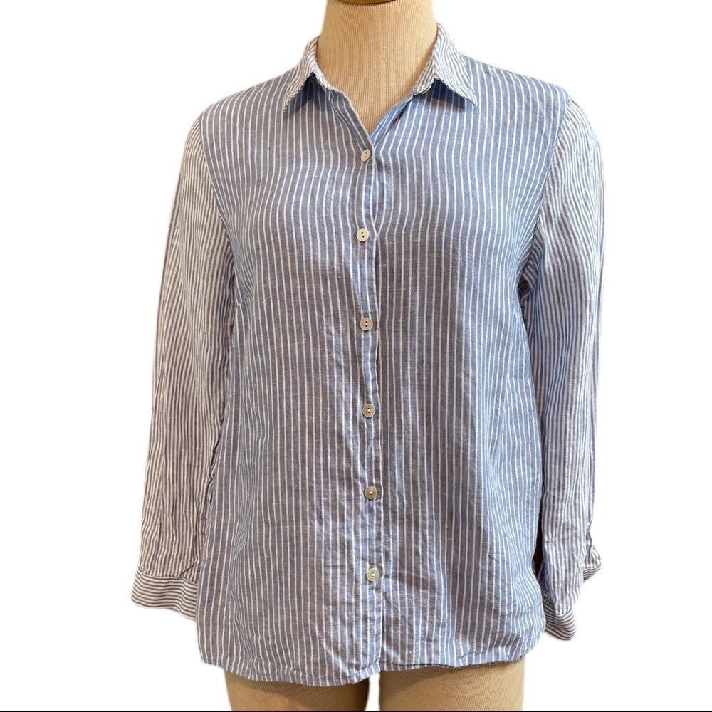 J. Jill Love Linen Blue White Stripe Button Up Shirt Size Small Petite Small